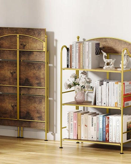 Folding Bookshelf No Assembly, 3 Shelf Gold Folding Bookcase,Industrial Small Metal Corner Display Book Shelf with Storage Shelves for Bedroom,Living Room, Home Office - LeafyLoom