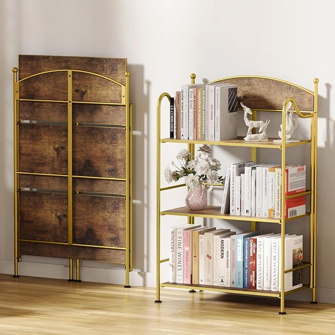 Folding Bookshelf No Assembly, 3 Shelf Gold Folding Bookcase,Industrial Small Metal Corner Display Book Shelf with Storage Shelves for Bedroom,Living Room, Home Office - LeafyLoom