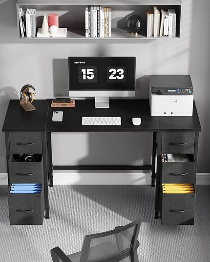 55'' Office Desk with 6 Fabric File Drawers - File Drawer Organization, Computer Work Desk, Study Writing Table, Home Office Workstation, Black. - LeafyLoom