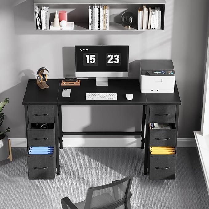 55'' Office Desk with 6 Fabric File Drawers - File Drawer Organization, Computer Work Desk, Study Writing Table, Home Office Workstation, Black. - LeafyLoom