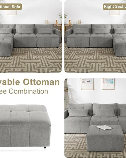113.3" L-Shaped Sectional 3-Seat Sofa, Convertiblet Chenille Upholstered Couch with Movable Ottoman and two USB Ports for Apartment, Living Room, Bedroom, 113.3 Inch, Gray - LeafyLoom