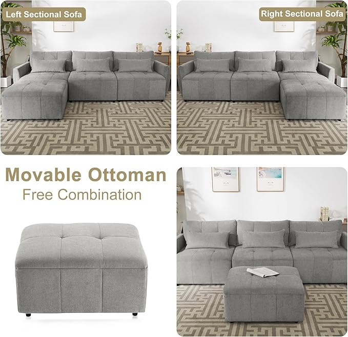113.3" L-Shaped Sectional 3-Seat Sofa, Convertiblet Chenille Upholstered Couch with Movable Ottoman and two USB Ports for Apartment, Living Room, Bedroom, 113.3 Inch, Gray - LeafyLoom