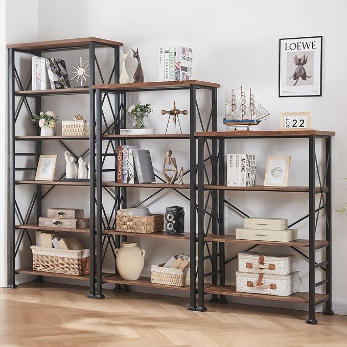 HOMBAZAAR Bookshelf, 4-Tier Industrial Bookshelf, Etagere Bookcases and Bookshelves, Tall Bookshelf Storage Organizer, Freestanding Bookshelf for Living Room, Bedroom and Home Office, Brown - LeafyLoom