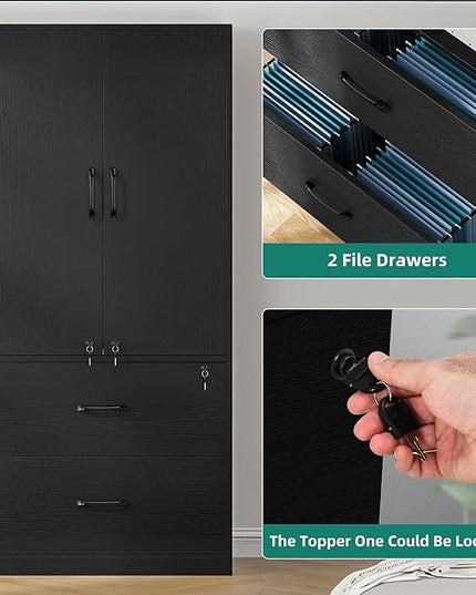 YITAHOME Wood File Cabinets, Heavy Duty Garage Tool Cabinets with Doors & Adjustable Shelves, Big Storage Filing Lockers for Home Office, Living Room, Pantry, Gym, Basement, Warehouse, Black - LeafyLoom