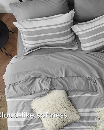 Bedsure King Size Comforter Set - 7 Pieces King Bedding Sets All Season Bed Set, Grey White Striped Bed in a Bag with Comforter, Sheets, Pillowcases & Shams - LeafyLoom