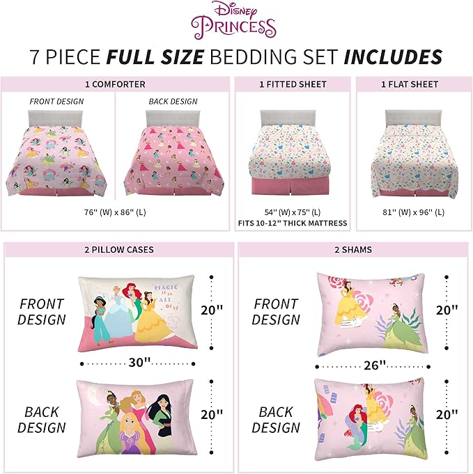 Disney Princess Kids Bedding Super Soft Comforter and Sheet Set with Sham, 7 Piece Full Size, "Official" Disney Product By Franco (PRINTS MAY VARY) - LeafyLoom