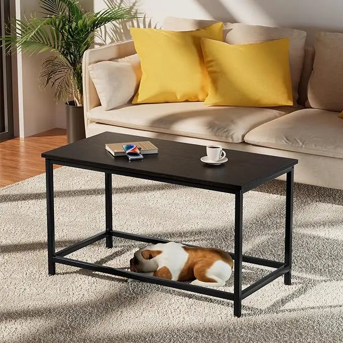 SAYGOER Small Black Coffee Table Simple Modern Open Design Rectangular Minimalist Center Table for Living Room Small Spaces, Easy Assembly, 31.5 x 15.7 x 17.7, Black - LeafyLoom