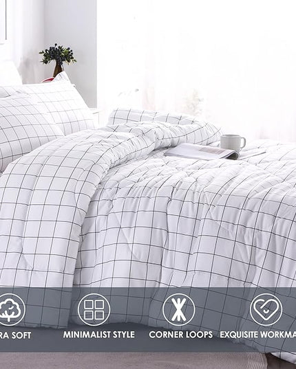Andency White Grid Comforter Set Twin Size (66x90 Inch), 2 Pieces(1 Grid Comforter and 1 Pillowcase), Summer Lightweight Microfiber Down Alternative White Comforter with Black Lines for Kids Girls - LeafyLoom