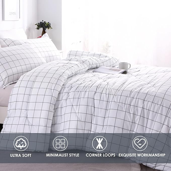 Andency White Grid Comforter Set Twin Size (66x90 Inch), 2 Pieces(1 Grid Comforter and 1 Pillowcase), Summer Lightweight Microfiber Down Alternative White Comforter with Black Lines for Kids Girls - LeafyLoom