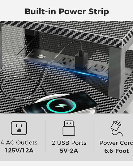 SUPERJARE 47 inch Reversible L Shaped Desk with LED Lights & Power Outlets, Computer Desk with Shelves & Monitor Stand, Gaming Desk with Drawer, Home Office Desk Corner Desk, Carbon Fiber Black - LeafyLoom