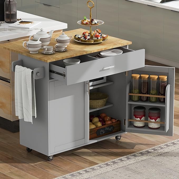 Kitchen Island with Storage on Wheels, Kitchen Island Cart w/Storage&Divider, Internal Canibet Rack, Adjustable Shelf Tower Rack for Dinning Room Coffee Bar, Rubber Wood Contertop - LeafyLoom