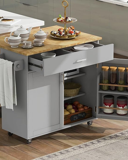 Island with Storage, Rolling Kitchen Cart on Wheels w/Drop Leaf, Internal Cabinet, Adjustable Shelf Towel Rack and Rubber Wood Countertop, for Dining Room, Home, Grey, 39 Inch - LeafyLoom
