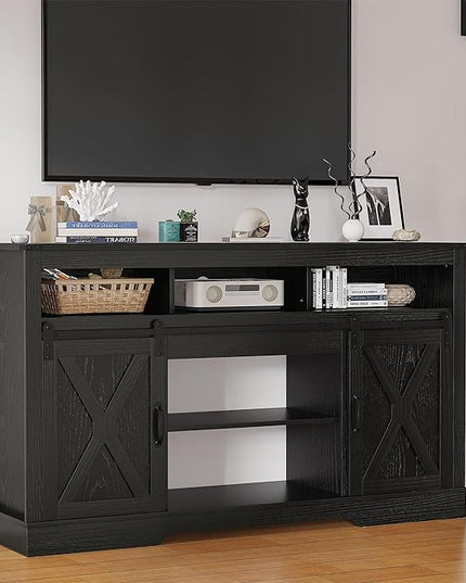 Farmhouse TV Stand for 23" Fireplace, 34'' Tall Entertainment Center for 65+ Inch TV, Rustic TV Console with Sliding Bar Door for Living Room (Black) - LeafyLoom