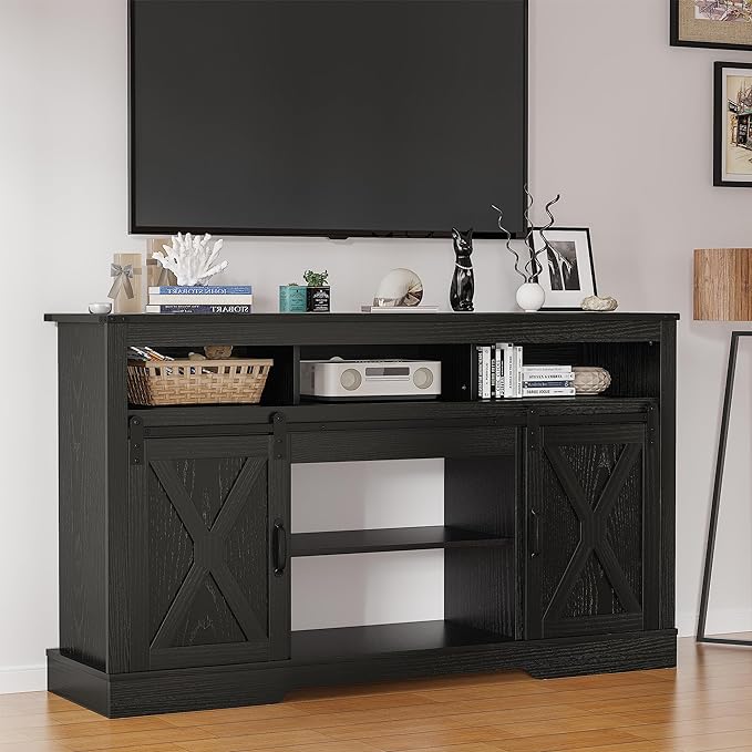 Farmhouse TV Stand for 23" Fireplace, 34'' Tall Entertainment Center for 65+ Inch TV, Rustic TV Console with Sliding Bar Door for Living Room (Black) - LeafyLoom