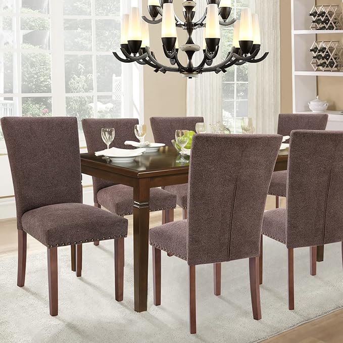 Parsons Dining Chairs Set of 2, Upholstered Nailhead Dining Room Kitchen Side Chair with Thick Cushions and Wood Legs, Brown - LeafyLoom