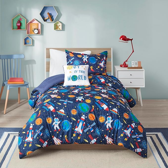 Mi Zone Kids Jason Cozy Comforter Outer Space Rocket Ships, Astronauts Print, All Season Cover, Hypoallergenic Bedding Set, Matching Sham, Decorative Pillow, Twin(66" Wx86 L), Multi 3 Piece - LeafyLoom