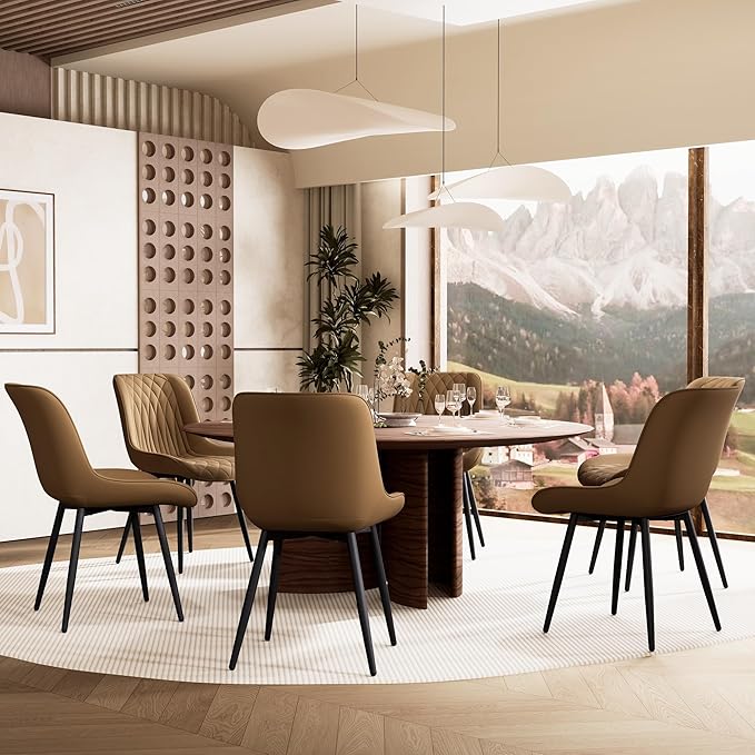 YOUNIKE Tan Dining Chairs set of 2 with High Backs Mid Century Modern Kitchen & Dining Room Chairs PU Faux Leather Upholstered sillas de comedor Comfortable Large Padded Accent Chairs with Metal Legs - LeafyLoom