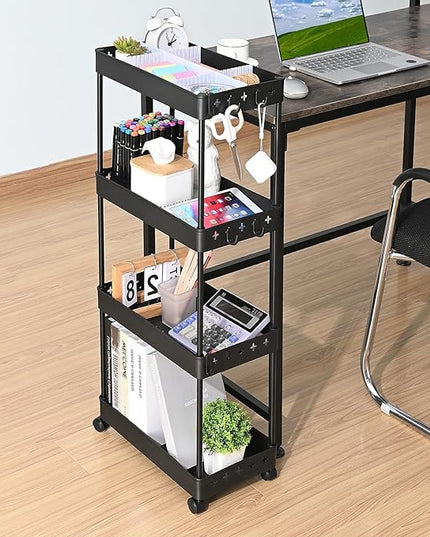 TOOLF 4 Tier Utility Cart with Wheels, Rolling Cart with Adjustable Divider & Hooks, Cart Organizer for Diaper Craft Snack, Narrow Storage Cart for Laundry Bedroom Bathroom Kitchen, Black - LeafyLoom