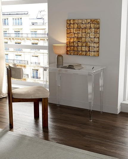 HMYHUM Small Acrylic Computer Desk, 35.4 Inch, Clear Study Desk for Home Office, Writing, Vanity, Modern, Easy Assembly, 19.7" W x 29.5" H, Right-Angle Legs Design - LeafyLoom