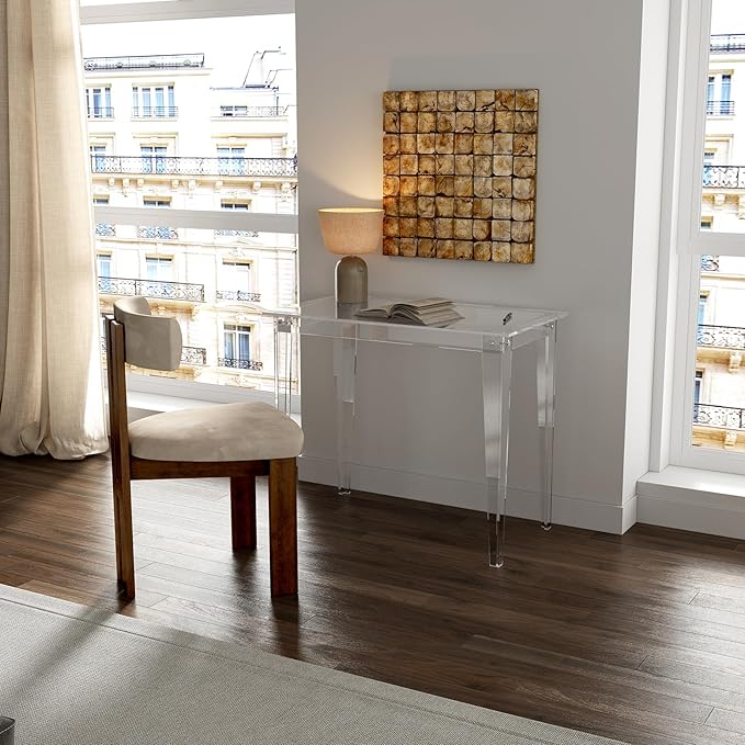 HMYHUM Small Acrylic Computer Desk, 35.4 Inch, Clear Study Desk for Home Office, Writing, Vanity, Modern, Easy Assembly, 19.7" W x 29.5" H, Right-Angle Legs Design - LeafyLoom