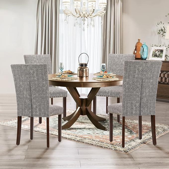 Parsons Dining Chairs Set of 2, Upholstered Nailhead Dining Room Kitchen Side Chair with Thick Cushions and Wood Legs, Black/White - LeafyLoom