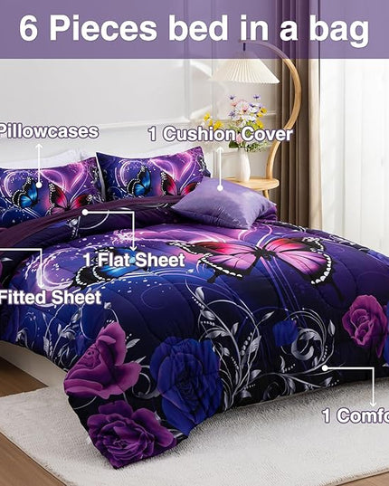 A Nice Night Galaxy 6pcs Bed in a Bag Purple and Blue Dreamy 3D Butterfly Printed, Butterflies Bedding Full Comforter Set, for Girls Kids Teens - LeafyLoom