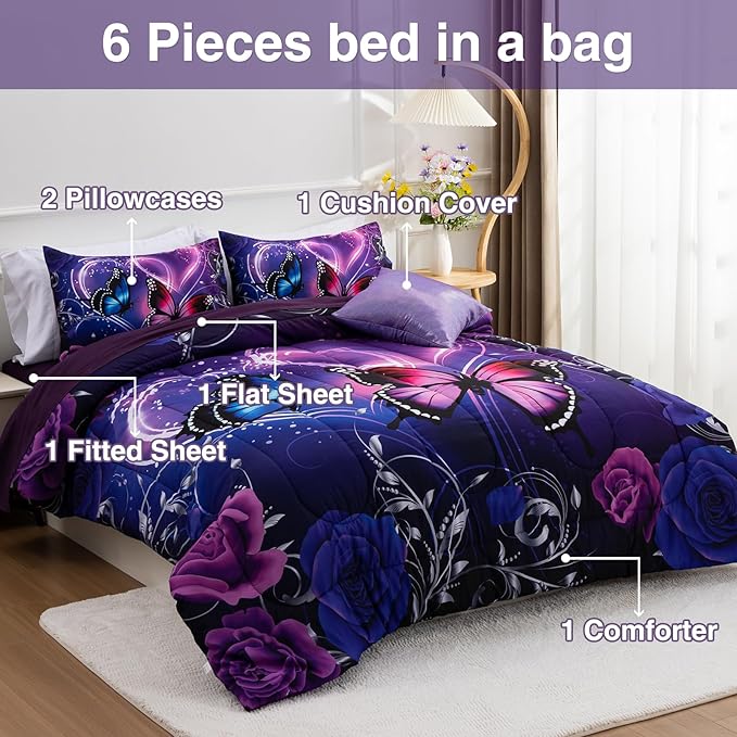 A Nice Night Galaxy 6pcs Bed in a Bag Purple and Blue Dreamy 3D Butterfly Printed, Butterflies Bedding Full Comforter Set, for Girls Kids Teens - LeafyLoom