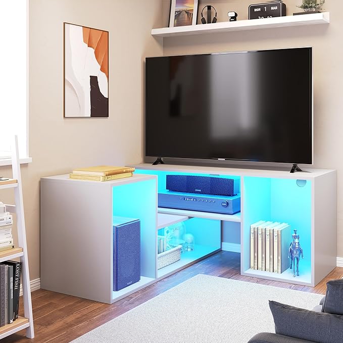 YITAHOME DIY TV Stand w/LED Strip, Modern Deformable Entertainment Center for 75/70/65/60/55/50/45 inch TVs, Gaming TV Consoles 2 Pieces Media Console Cabinet for 300lbs for Living Room, White - LeafyLoom