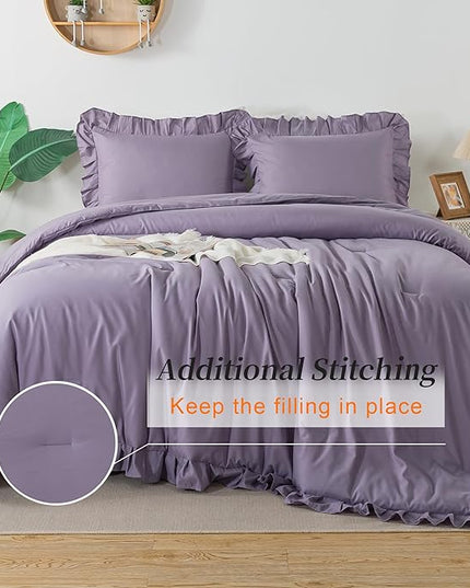 Andency Grayish Purple Ruffle Comforter King, 3 Pieces Solid Farmhouse Shabby Chic Comforter, Lightweight Soft Microfiber Vintage Rustic Bedding Sets All Season (104x90Inch Comforter) - LeafyLoom