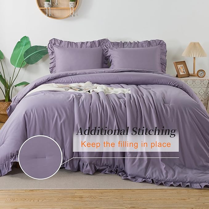 Andency California King Comforter Sets Grayish Purple (104x96Inch), 3 Pieces Cal King Ruffle Comforter, Oversized Farmhouse Shabby Chic Bed Comforter, Lightweight Soft Microfiber Bedding Set - LeafyLoom