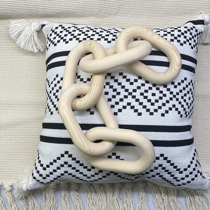 Wood Chain Link Decor | Hand Boho Carved Decor for Table, Shelf Decor Accents, Rustic Farmhouse Aesthetic 5 Link Chain Decor, Home Living Room, Bedroom, Entryway Coffee Table Decor(Wood Color) - LeafyLoom