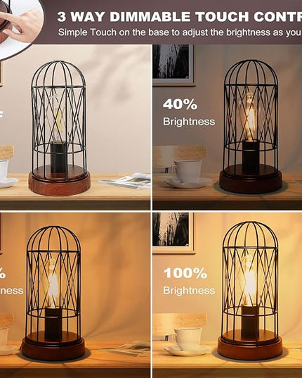 Industrial Table Lamp, Small Touch Control Edison Desk Lamp 3 Way Dimmable Vintage Bedside Lamp with AC Outlet Metal Cage Steampunk Nightstand Lamp for Living Room, Bedroom or Den - LeafyLoom