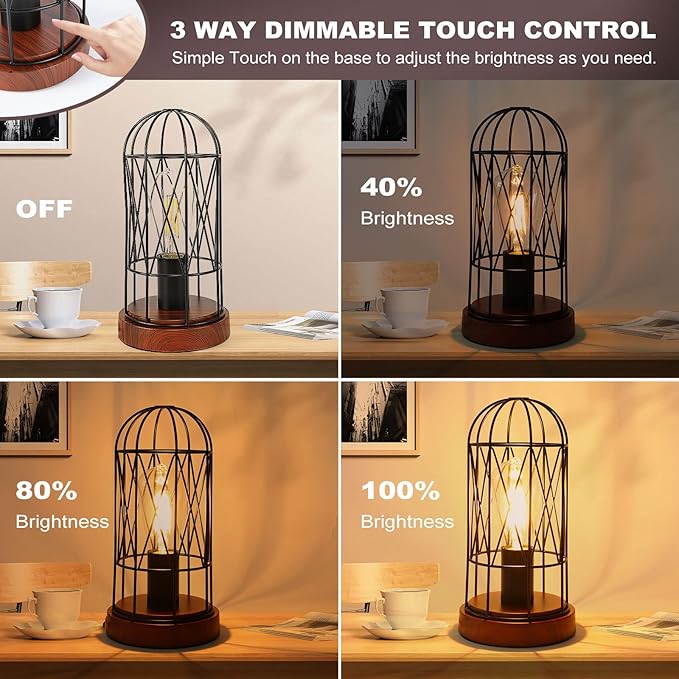 Industrial Table Lamp, Small Touch Control Edison Desk Lamp 3 Way Dimmable Vintage Bedside Lamp with AC Outlet Metal Cage Steampunk Nightstand Lamp for Living Room, Bedroom or Den - LeafyLoom
