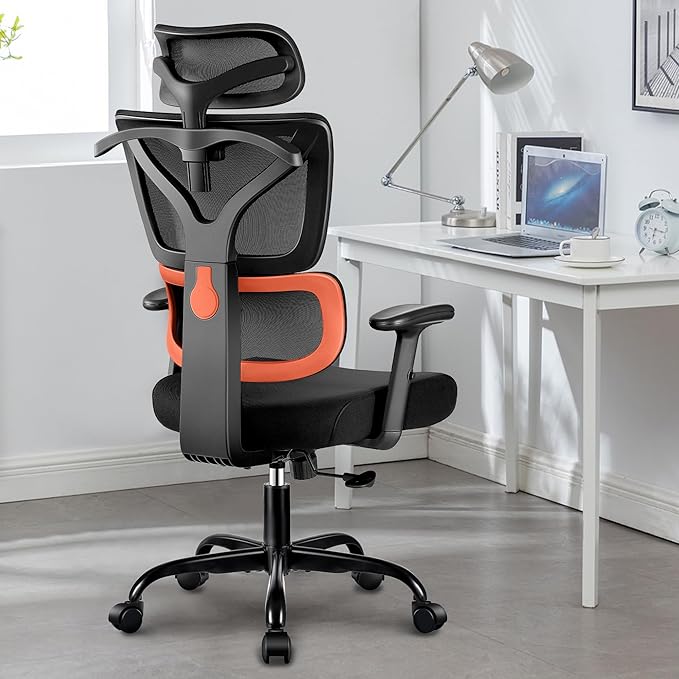 Office Chair Ergonomic Desk Chair, High Back Gaming Chair, Big and Tall Reclining chair Comfy Home Office Desk Chair Lumbar Support Breathable Mesh Computer Chair Adjustable Armrests(B-Orange) - LeafyLoom