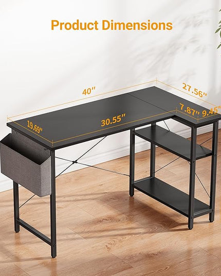 BANTI L Shaped Small Computer Desk with Storage Shelves, 40" Home Office Small Corner Desk Study Writing Table, Black - LeafyLoom