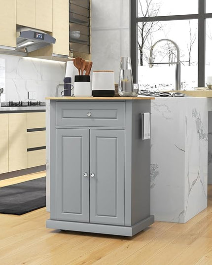 HOMCOM Rolling Kitchen Island Cart, Portable Serving Trolley Table with Drawer, Adjustable Shelf and 2 Towel Racks, Grey - LeafyLoom