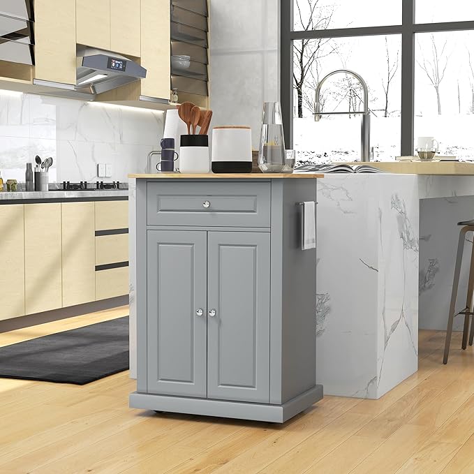HOMCOM Rolling Kitchen Island Cart, Portable Serving Trolley Table with Drawer, Adjustable Shelf and 2 Towel Racks, Grey - LeafyLoom
