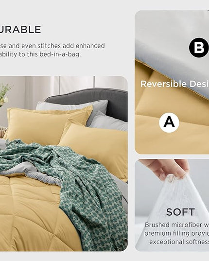 Bedsure Yellow California King Size Comforter Set - 7 Pieces Reversible Cal King Bed in a Bag California King Bed Set with Comforters, Sheets, Pillowcases & Shams, - LeafyLoom
