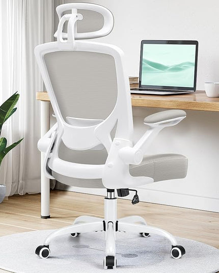 KERDOM Ergonomic Office Chair, Breathable Mesh Desk Chair, Lumbar Support Computer Chair with Headrest and Flip-up Arms, Swivel Task Chair, Adjustable Height Gaming Chair, LightGray - LeafyLoom