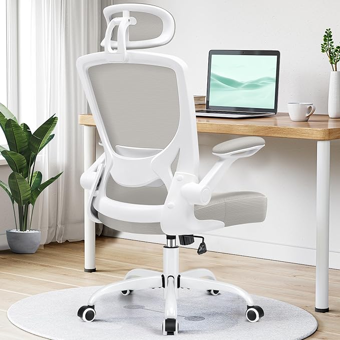 KERDOM Ergonomic Office Chair, Breathable Mesh Desk Chair, Lumbar Support Computer Chair with Headrest and Flip-up Arms, Swivel Task Chair, Adjustable Height Gaming Chair, LightGray - LeafyLoom