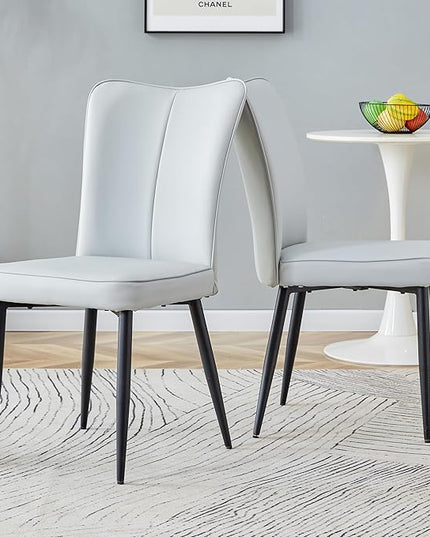 Modern Dining Chairs Set of 2, PU Leather Seat Cushions Light Gray Dining Room Chair, with Black Metal Legs Kitchen Chair for Home Living Room, Restaurant, Light Gray Chair Black Legs - LeafyLoom