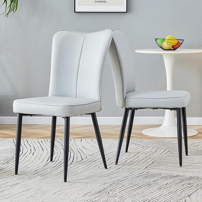 Modern Dining Chairs Set of 2, PU Leather Seat Cushions Light Gray Dining Room Chair, with Black Metal Legs Kitchen Chair for Home Living Room, Restaurant, Light Gray Chair Black Legs - LeafyLoom