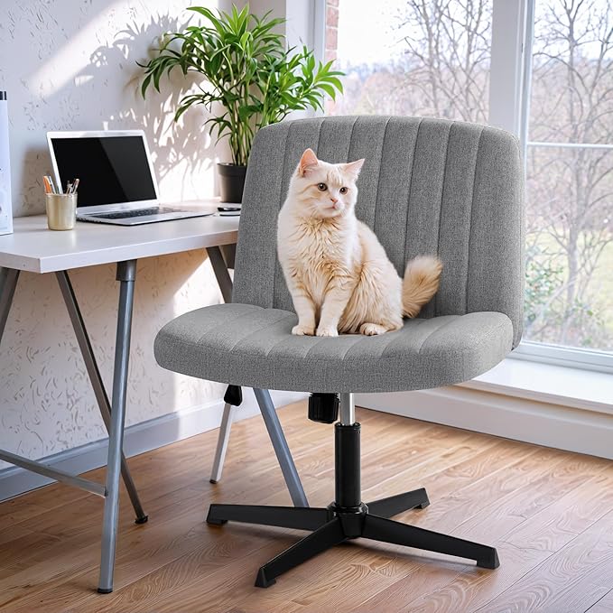 Criss Cross Legged Chair, Armless Swivel Wide Padded Height Adjustable Fabric Home Office, Light Grey - LeafyLoom