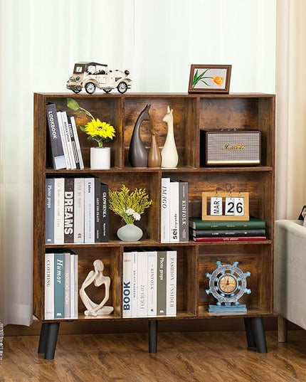 LEYAOYAO 8 Cube Bookshelf,3 Tier Bookcase with Legs,Rustic Brown Mid-Century Modern Bookshelves,Large Open Storage Organizer Shelf, Wooden Book Case - LeafyLoom