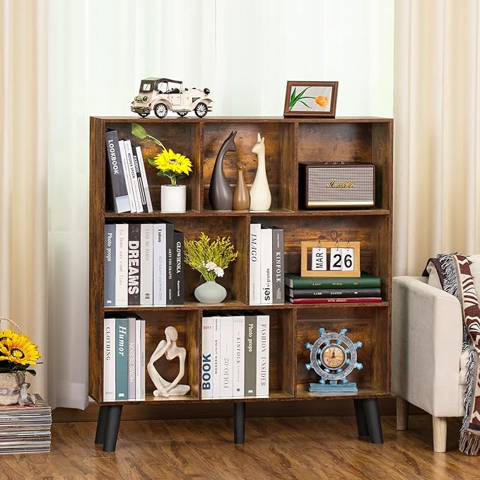LEYAOYAO 8 Cube Bookshelf,3 Tier Bookcase with Legs,Rustic Brown Mid-Century Modern Bookshelves,Large Open Storage Organizer Shelf, Wooden Book Case - LeafyLoom