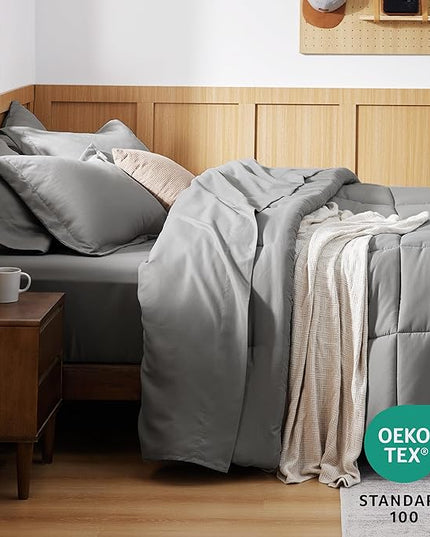 Bedsure King Size Comforter Set - 7 Pieces Solid King Bed Set, King Bed in a Bag Grey with Quilted Warm Fluffy Comforters, Sheets, Pillowcases & Shams - LeafyLoom