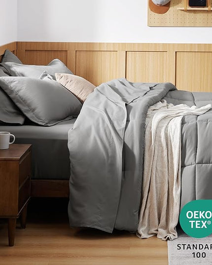 Bedsure Queen Bedding Comforter Set - 7 Pieces Solid Grey Bed in a Bag Queen, Bed Set Queen with Quilted Fluffy Comforters, Sheets, Pillowcases & Shams - LeafyLoom