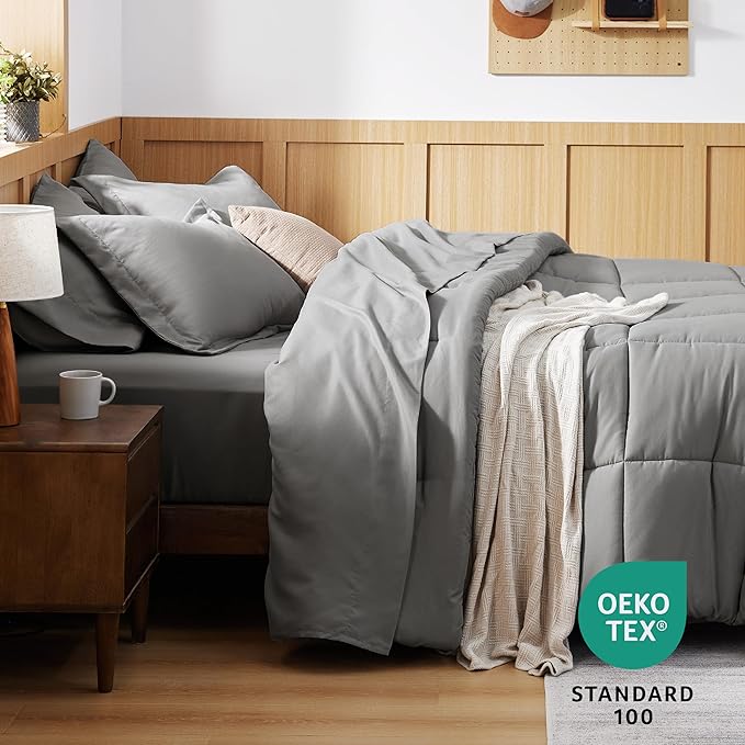 Bedsure Queen Bedding Comforter Set - 7 Pieces Solid Grey Bed in a Bag Queen, Bed Set Queen with Quilted Fluffy Comforters, Sheets, Pillowcases & Shams - LeafyLoom