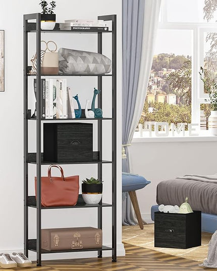 Furologee 6-Tier Bookshelf, Tall Bookcase with 2 Drawers Storage Organizer, Industrial Display Free Standing Shelf Units, Wood and Metal Storage Rack for Home Office, Bedroom, Black Oak - LeafyLoom