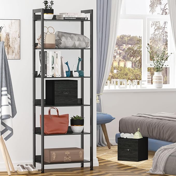 Furologee 6-Tier Bookshelf, Tall Bookcase with 2 Drawers Storage Organizer, Industrial Display Free Standing Shelf Units, Wood and Metal Storage Rack for Home Office, Bedroom, Black Oak - LeafyLoom